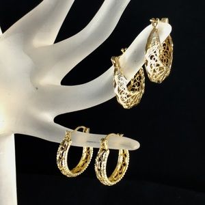 Set 2 Filigree Silver Gold Toned Pierced Earrings